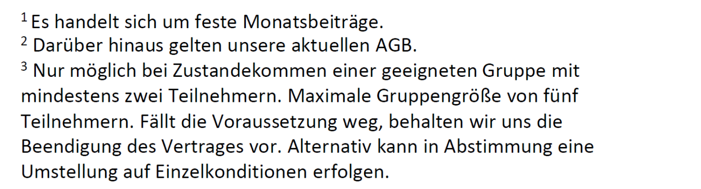 Textinformationen zur Preistabelle mit wichtigen Hinweisen