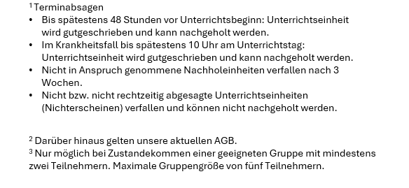 Textinformationen zur Preistabelle mit wichtigen Hinweisen