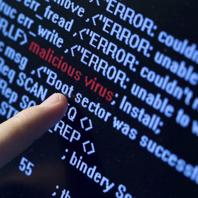 Finger zeigt auf den Text „malicious virus“ in einem Codefenster mit Fehlermeldungen.